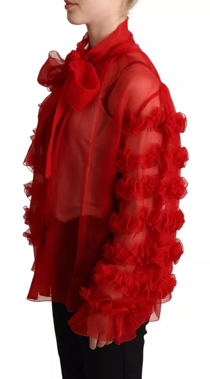 Dolce &amp; Gabbana Red Silk Ascot Collar Ruffles Blouse Top