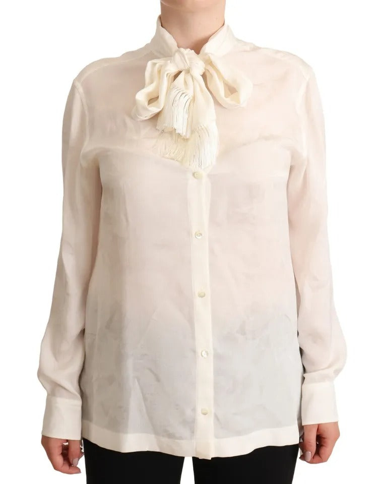 Dolce &amp; Gabbana White Blouse Ascot Collar Shirt Silk Button Top