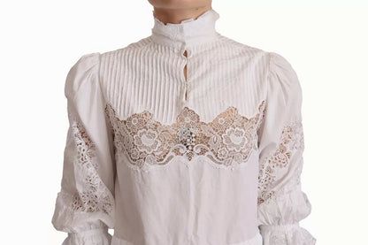 Dolce &amp; Gabbana White Cotton Lace Trim Turtle Neck Blouse Top