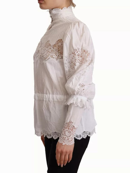 Dolce &amp; Gabbana White Cotton Lace Trim Turtle Neck Blouse Top