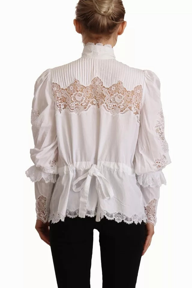 Dolce &amp; Gabbana White Cotton Lace Trim Turtle Neck Blouse Top