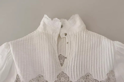 Dolce &amp; Gabbana White Cotton Lace Trim Turtle Neck Blouse Top