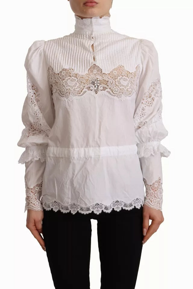 Dolce &amp; Gabbana White Cotton Lace Trim Turtle Neck Blouse Top