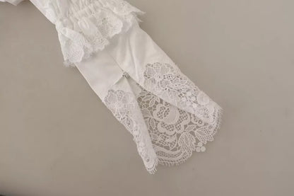 Dolce &amp; Gabbana White Cotton Lace Trim Turtle Neck Blouse Top