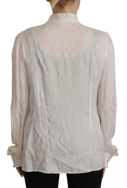 Dolce &amp; Gabbana White Patterned Silk Ascot Collar Blouse Top