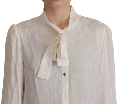 Dolce &amp; Gabbana White Patterned Silk Ascot Collar Blouse Top