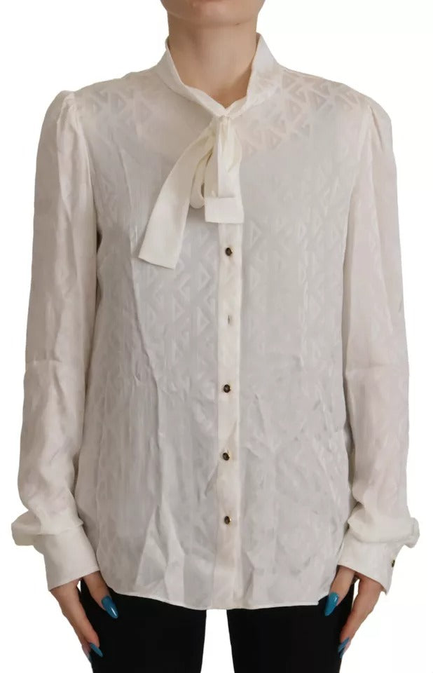 Dolce &amp; Gabbana White Patterned Silk Ascot Collar Blouse Top