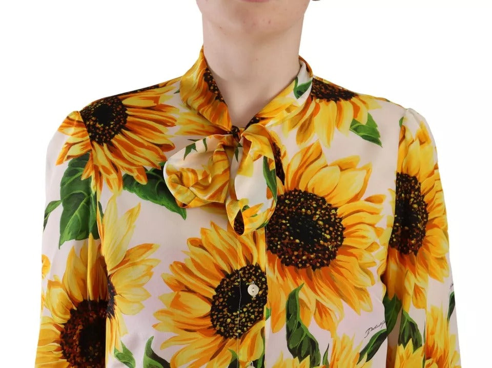 Dolce &amp; Gabbana White Sunflower Silk Ascot Collar Blouse Top