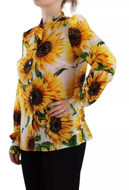 Dolce &amp; Gabbana White Sunflower Silk Ascot Collar Blouse Top