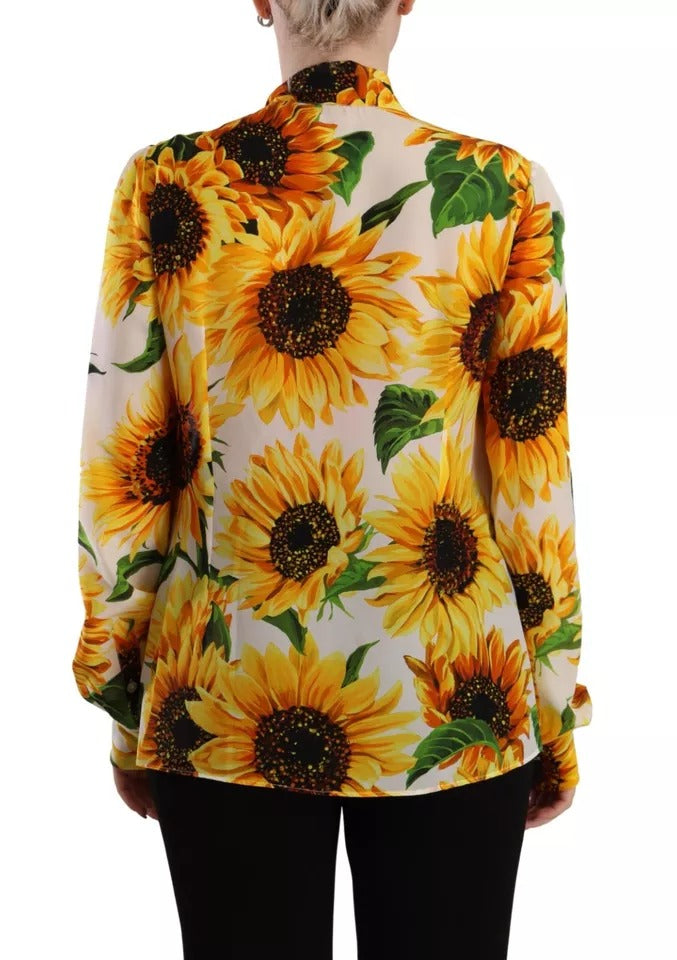 Dolce &amp; Gabbana White Sunflower Silk Ascot Collar Blouse Top