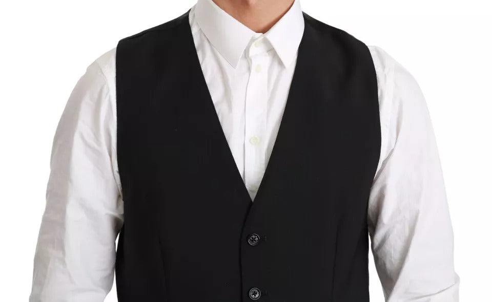 Dolce &amp; Gabbana Black Stretch Waistcoat Formal Dress Wool Vest