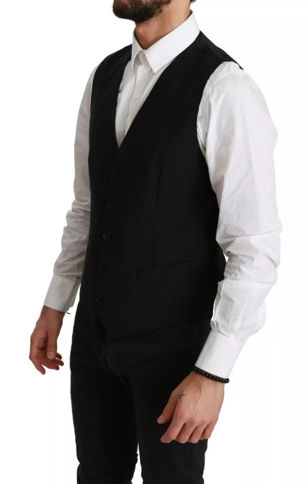 Dolce &amp; Gabbana Black Stretch Waistcoat Formal Dress Wool Vest