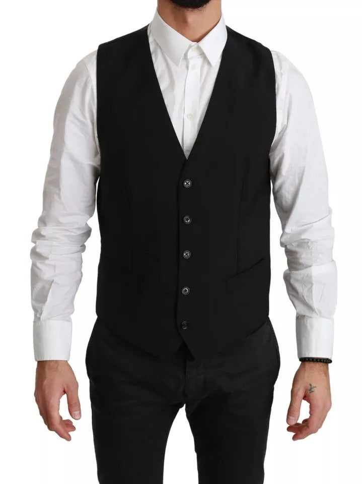 Dolce &amp; Gabbana Black Stretch Waistcoat Formal Dress Wool Vest