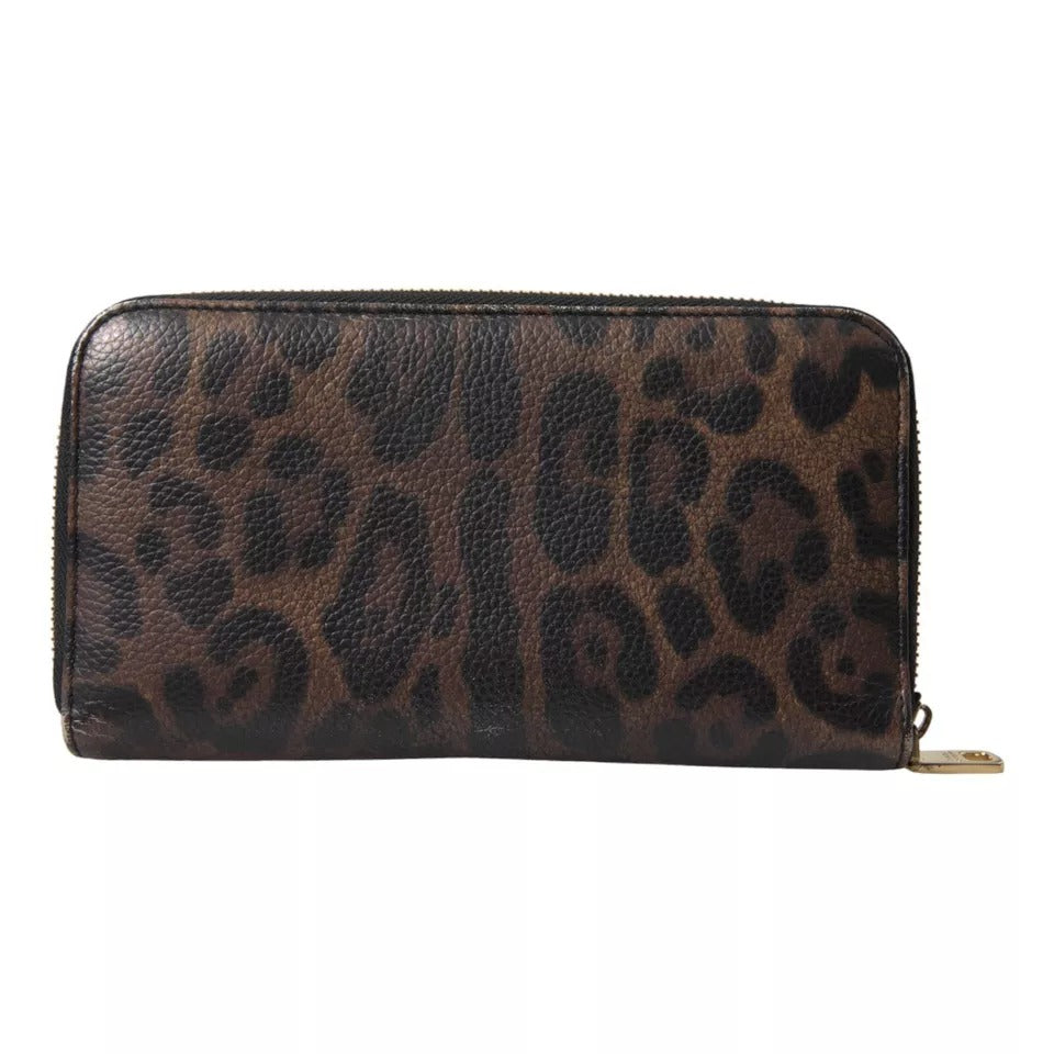 Dolce &amp; Gabbana Brown Leopard Leather DG Zip Around Continental Wallet