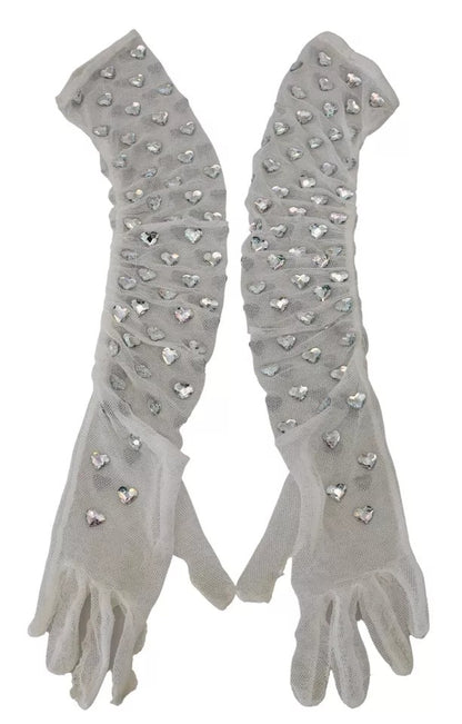 Dolce &amp; Gabbana White Crystal Elbow Length Cotton Tulle Gloves