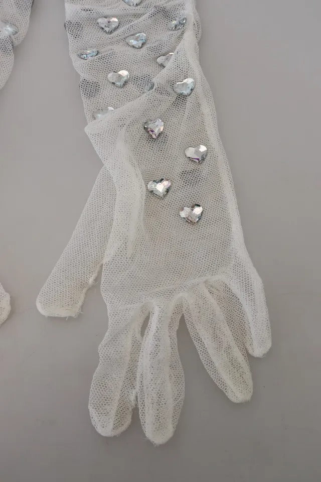 Dolce &amp; Gabbana White Crystal Elbow Length Cotton Tulle Gloves