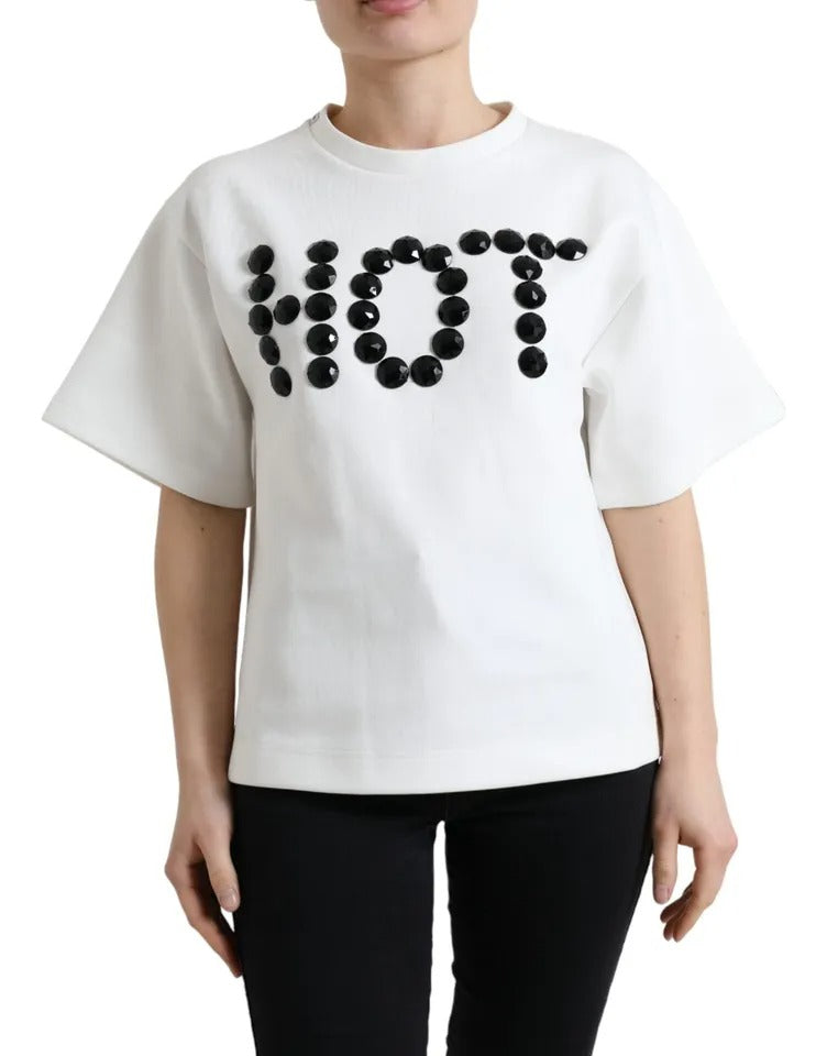 Dolce &amp; Gabbana White Cotton Stretch Black HOT Crystal T-shirt