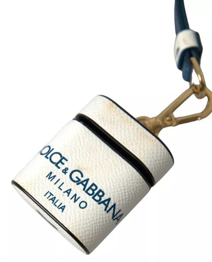 Dolce &amp; Gabbana White Blue Calf Leather Logo Print Strap Airpods Case