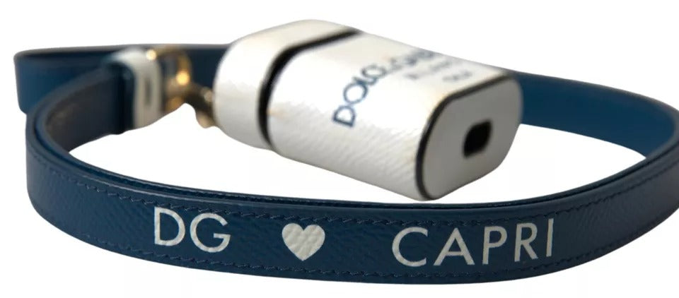 Dolce &amp; Gabbana White Blue Calf Leather Logo Print Strap Airpods Case