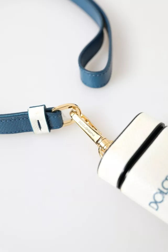 Dolce &amp; Gabbana White Blue Calf Leather Logo Print Strap Airpods Case