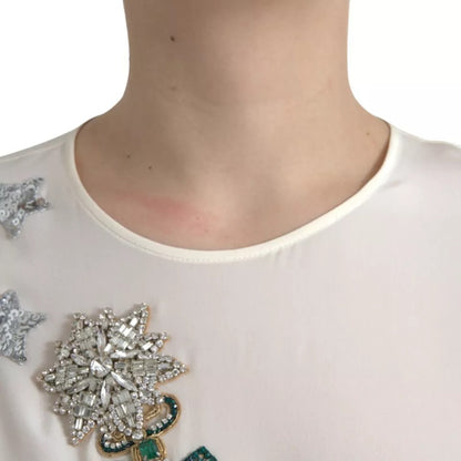 Dolce &amp; Gabbana White Silk Crystal 3/4 Sleeves Blouse Top