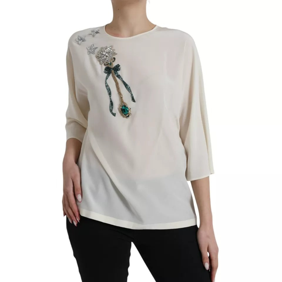 Dolce &amp; Gabbana White Silk Crystal 3/4 Sleeves Blouse Top