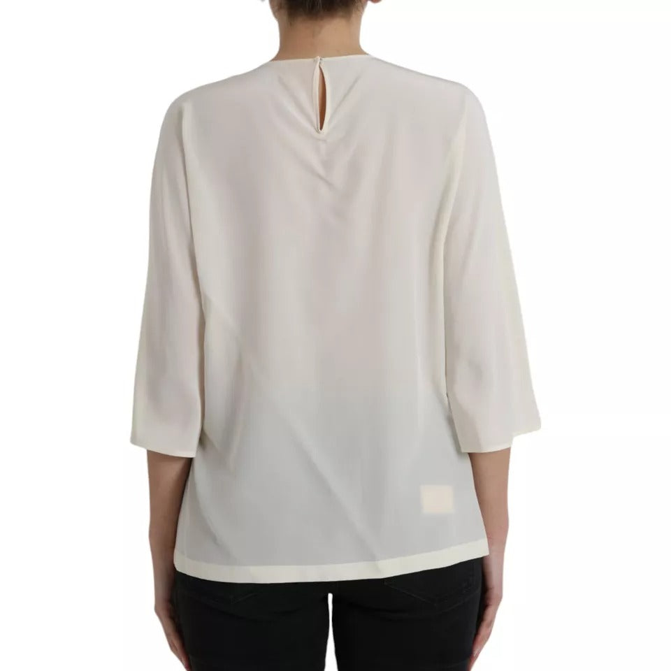 Dolce &amp; Gabbana White Silk Crystal 3/4 Sleeves Blouse Top