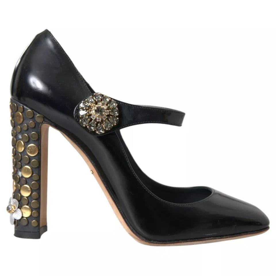 Dolce &amp; Gabbana Black Leather Crystal Mary Janes Pumps Shoes