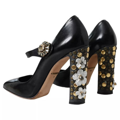 Dolce &amp; Gabbana Black Leather Crystal Mary Janes Pumps Shoes