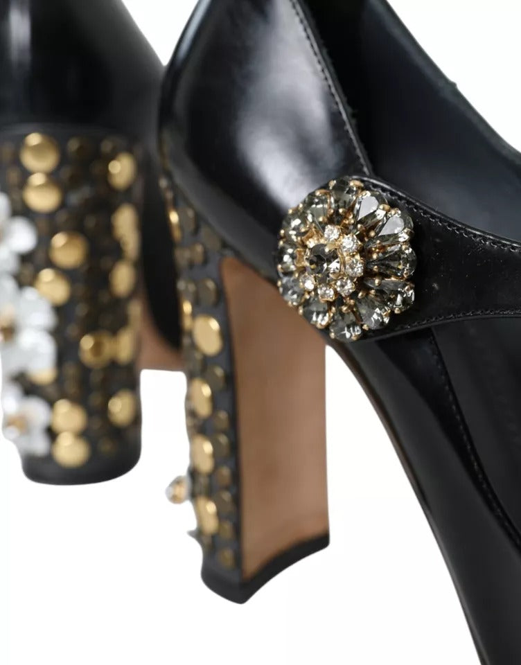 Dolce &amp; Gabbana Black Leather Crystal Mary Janes Pumps Shoes