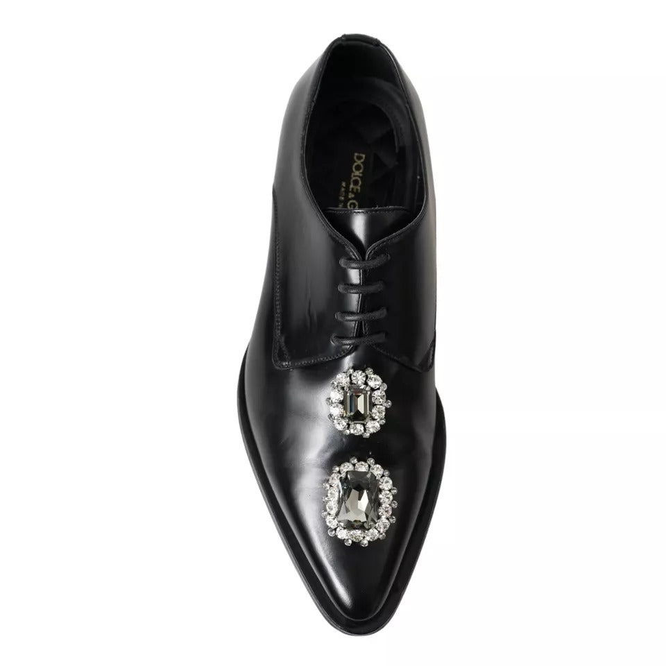 Dolce &amp; Gabbana Black Leather Crystal Lace Up Formal Shoes