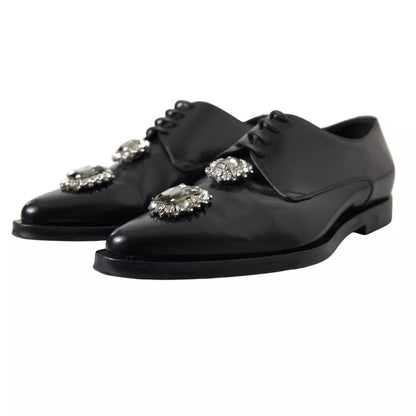 Dolce &amp; Gabbana Black Leather Crystal Lace Up Formal Shoes