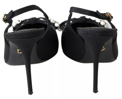 Dolce &amp; Gabbana Black Crystal Embellished Slingback Heel Shoes