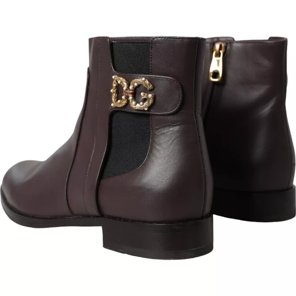 Dolce &amp; Gabbana Brown Leather AMORE Flats Ankle Boots Shoes