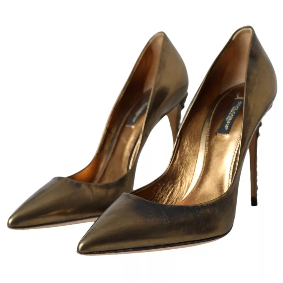 Dolce &amp; Gabbana Bronze Leather Embellished Heels Pumps Shoes