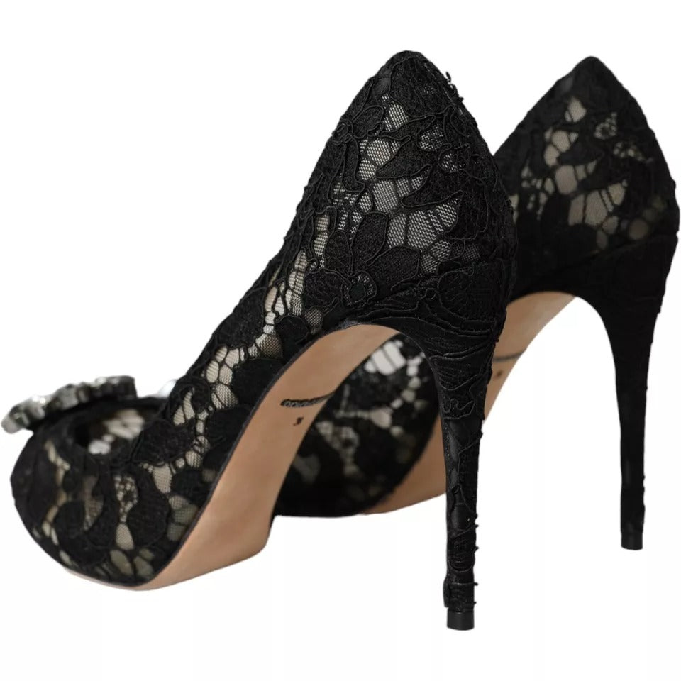 Dolce &amp; Gabbana Black Taormina Lace Crystal Heel Pumps Shoes