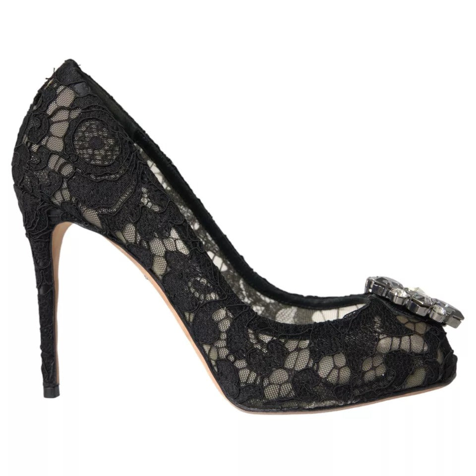 Dolce &amp; Gabbana Black Taormina Lace Crystal Heel Pumps Shoes