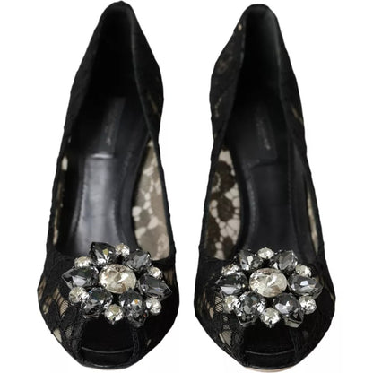 Dolce &amp; Gabbana Black Taormina Lace Crystal Heel Pumps Shoes