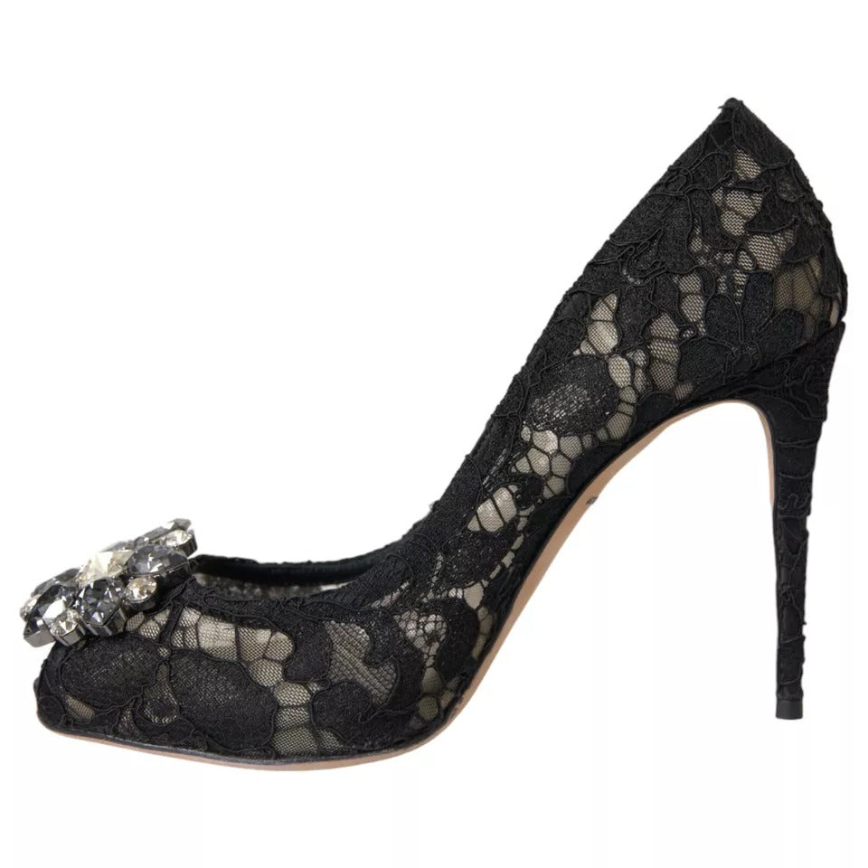 Dolce &amp; Gabbana Black Taormina Lace Crystal Heel Pumps Shoes