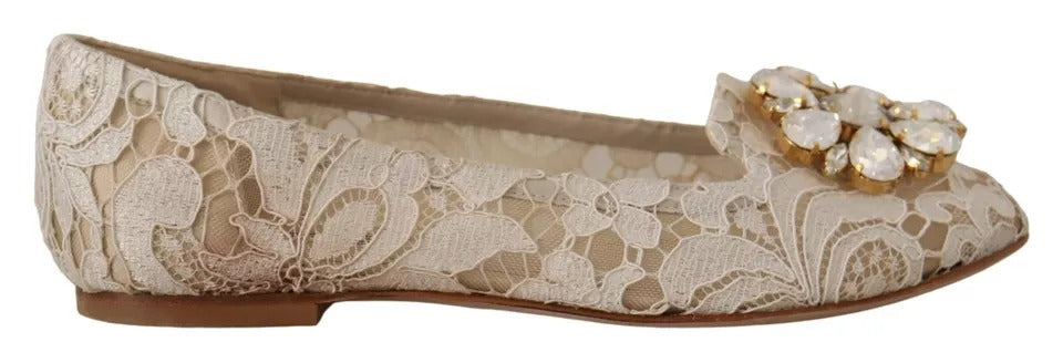 Dolce &amp; Gabbana Beige Lace Crystal Ballet Flats Loafers Shoes