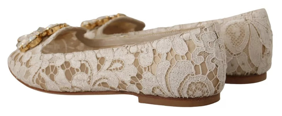 Dolce &amp; Gabbana Beige Lace Crystal Ballet Flats Loafers Shoes