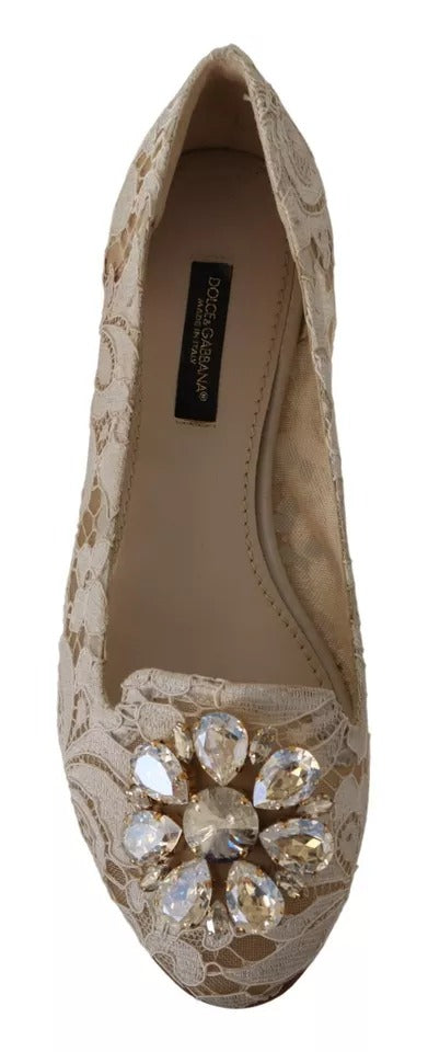 Dolce &amp; Gabbana Beige Lace Crystal Ballet Flats Loafers Shoes