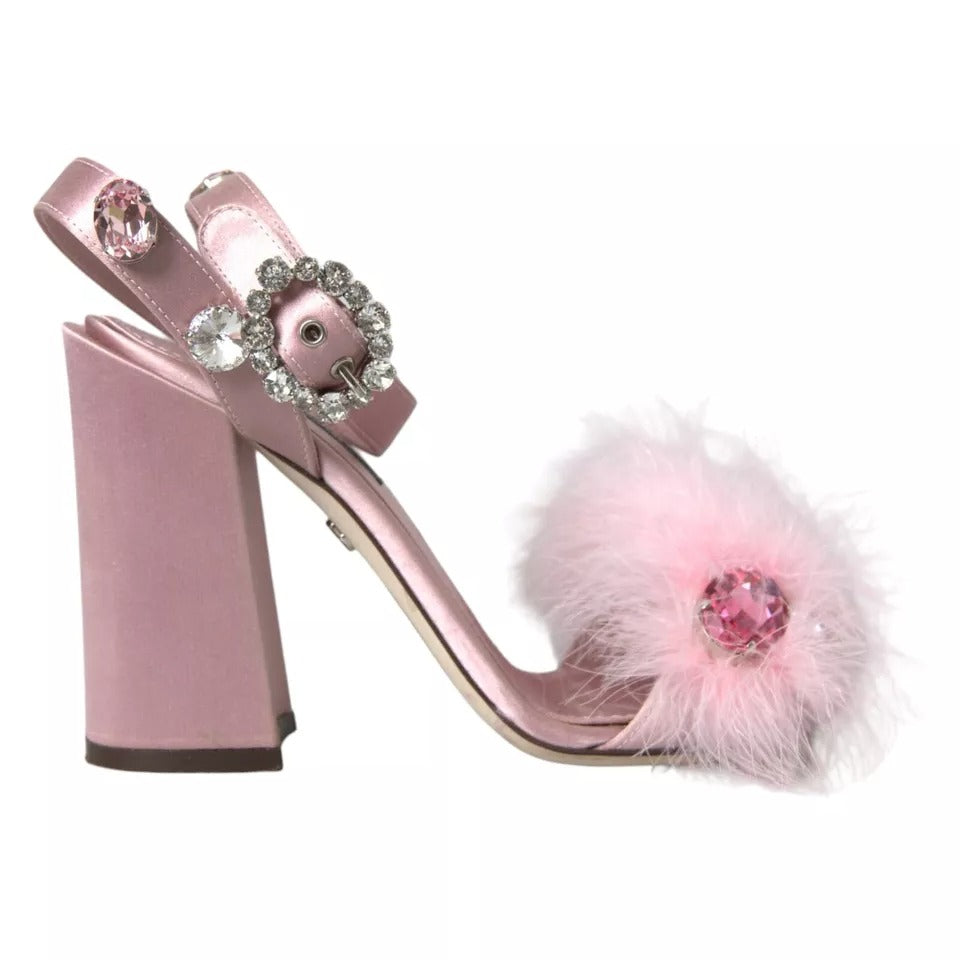 Dolce &amp; Gabbana Pink Turkey Feather Crystal Sandals Shoes