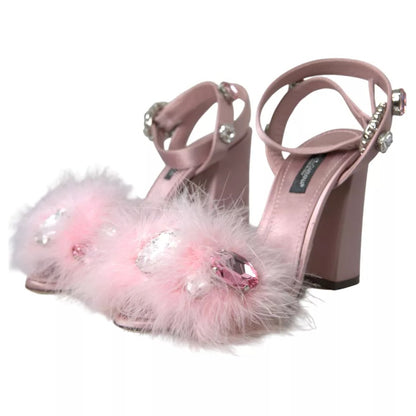 Dolce &amp; Gabbana Pink Turkey Feather Crystal Sandals Shoes