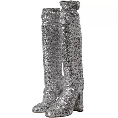 Dolce &amp; Gabbana Silver Sequined High Boots Stretch Shoes