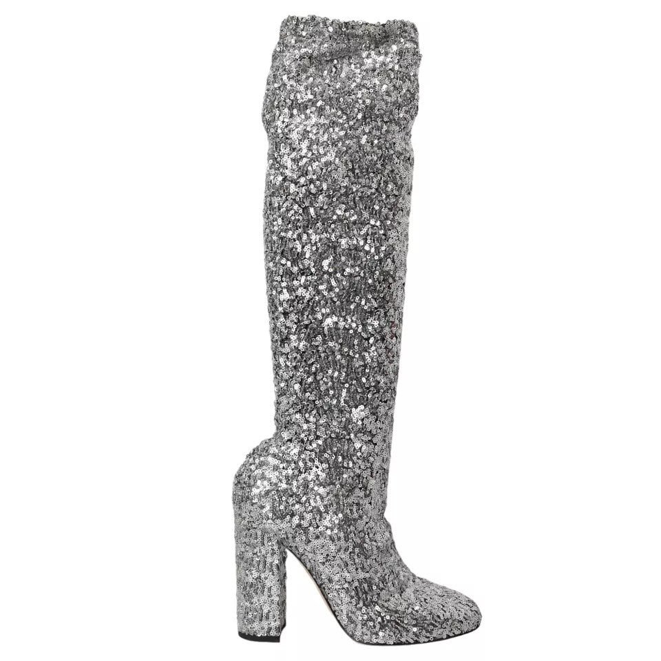 Dolce &amp; Gabbana Silver Sequined High Boots Stretch Shoes