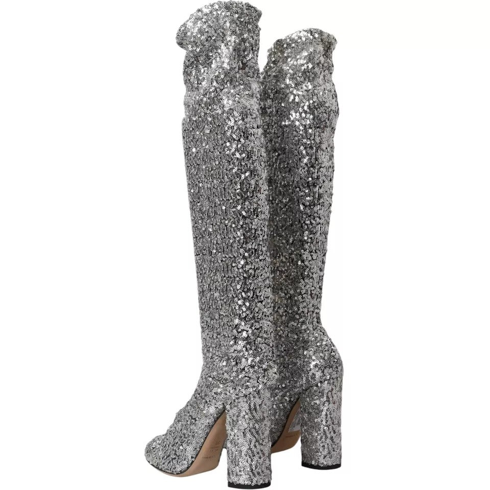 Dolce &amp; Gabbana Silver Sequined High Boots Stretch Shoes