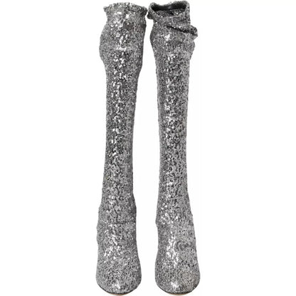 Dolce &amp; Gabbana Silver Sequined High Boots Stretch Shoes