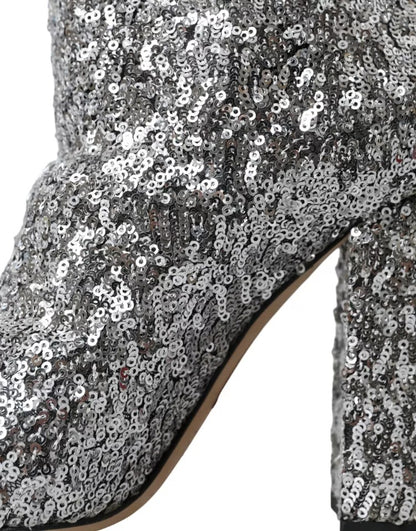 Dolce &amp; Gabbana Silver Sequined High Boots Stretch Shoes