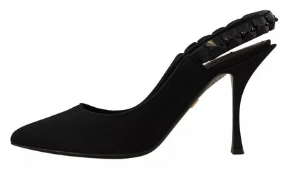 Dolce &amp; Gabbana Black Embellished Heels Slingback Charmeuse Shoes